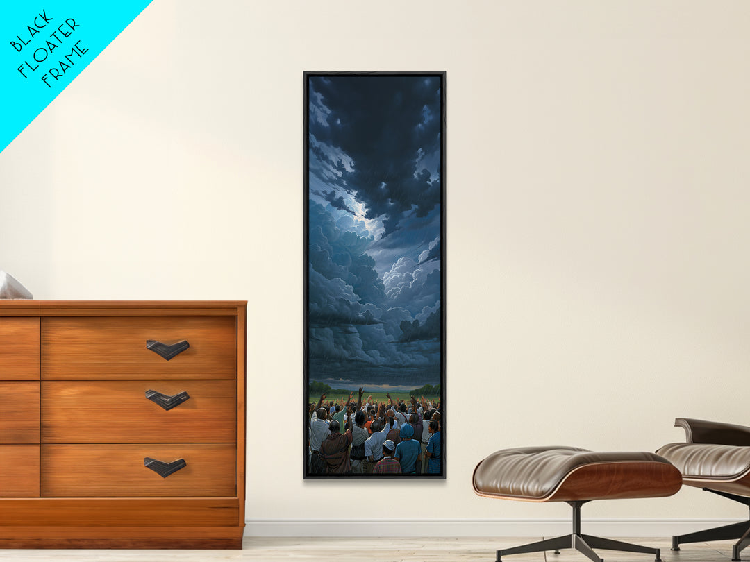 Dramatic Storm Clouds Over African Crowd Wall Art, Afrocentric Landscape Print, Black Culture Decor, Moody Sky Canvas Gift