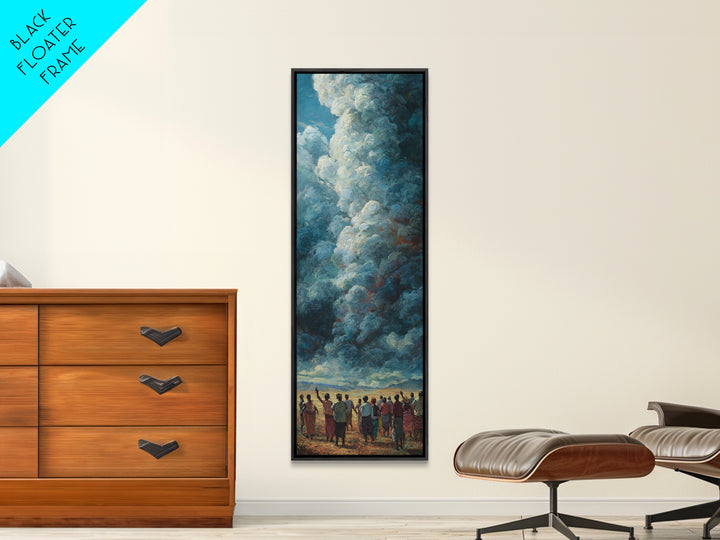 Towering Blue Clouds Above African Gathering Canvas Print, Afrocentric Wall Decor, Dramatic Sky Painting, Cultural Art Gift