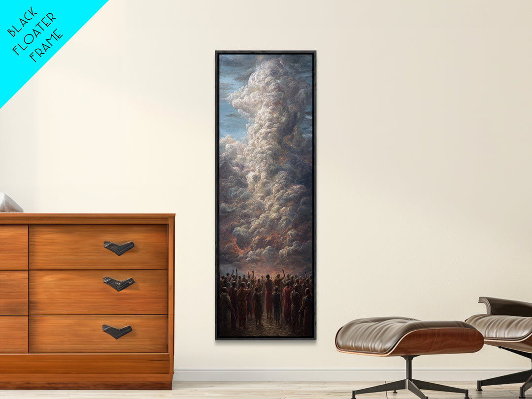 Monumental Firestorm Cloud With African Crowd Framed Canvas Print, Afrocentric Wall Decor, Powerful Landscape Art Gift For Home