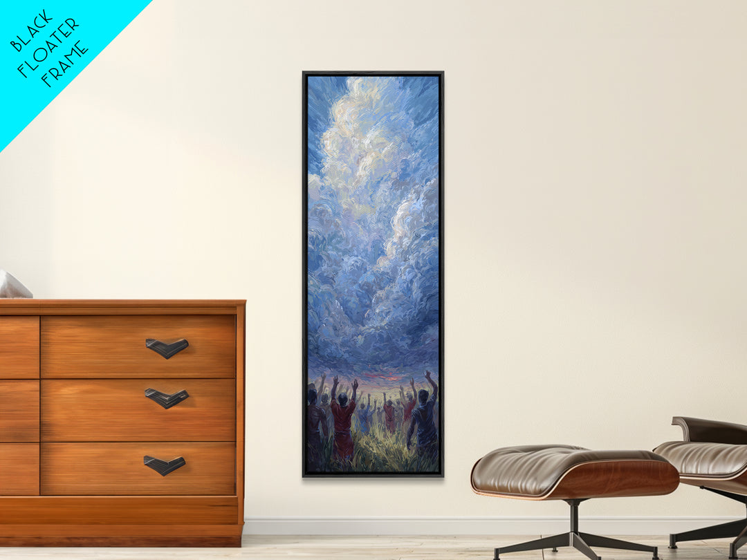 Expressive Blue Sky And Uplifted African Figures Wall Art, Afrocentric Decor, Spiritual Cloud Painting, Hopeful Gift For Home