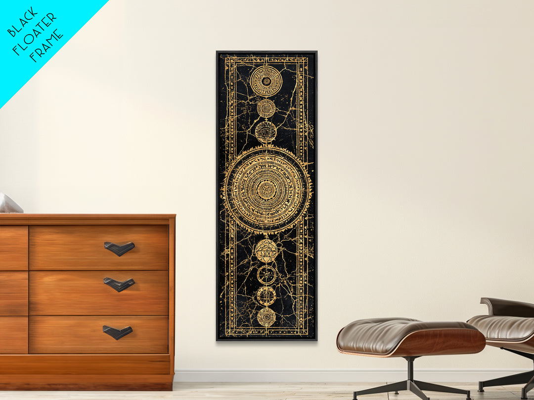 Gold Celestial Mandala Symbols On Black Canvas Print, African Abstract Wall Decor, Tribal Pattern Art, Luxe Mystic Home Gift