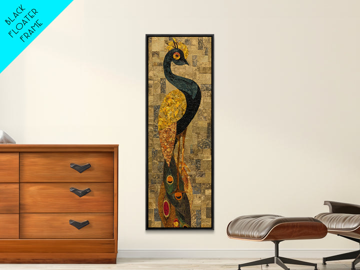 Tall Peacock Tribal Bird Framed Canvas Print, African Inspired Gold Mosaic Portrait, Elegant Cultural Wall Home Decor Gift