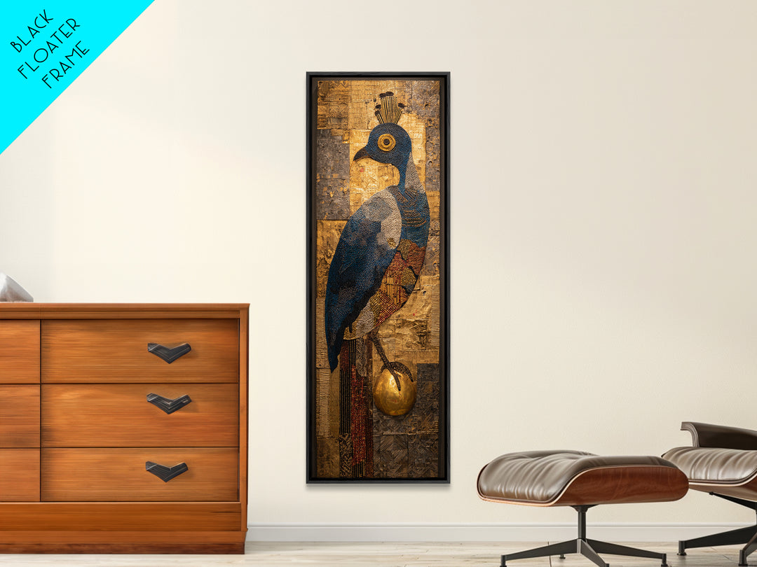Blue Gold Peacock Portrait Canvas Print, African Inspired Bird Art, Textured Mixed Media, Luxury Elegant Home Wall Decor Gift