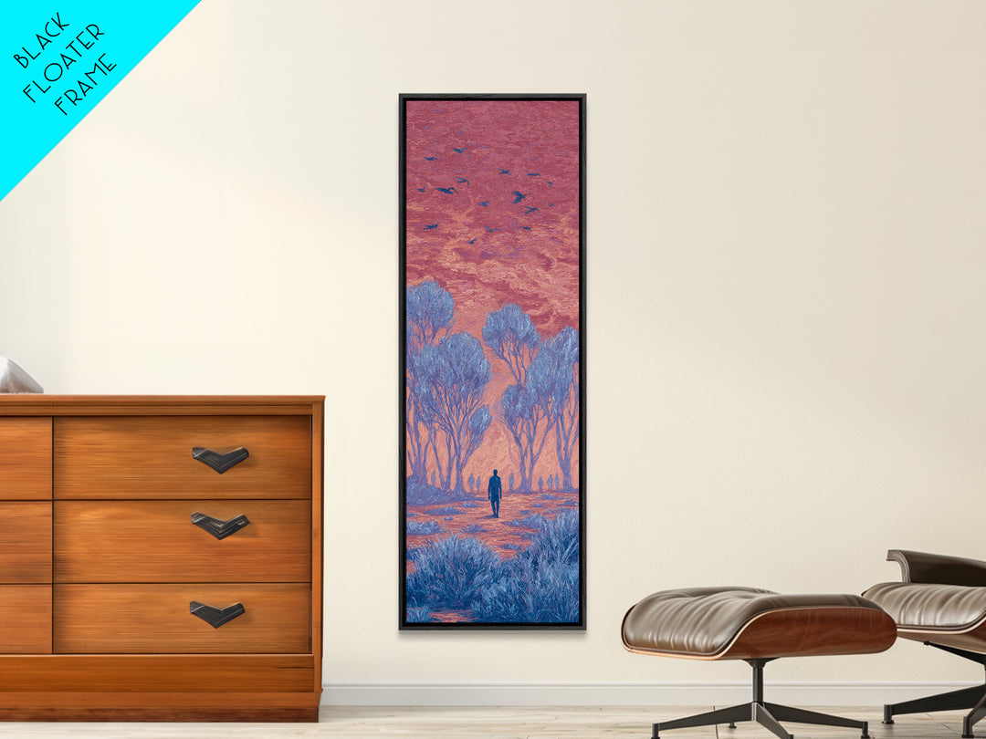 Pink Sunset Landscape Canvas Print, African Landscape, Dreamy Wall Art, Nature Scene Art, Blue Trees, Birds, Large Decor Art