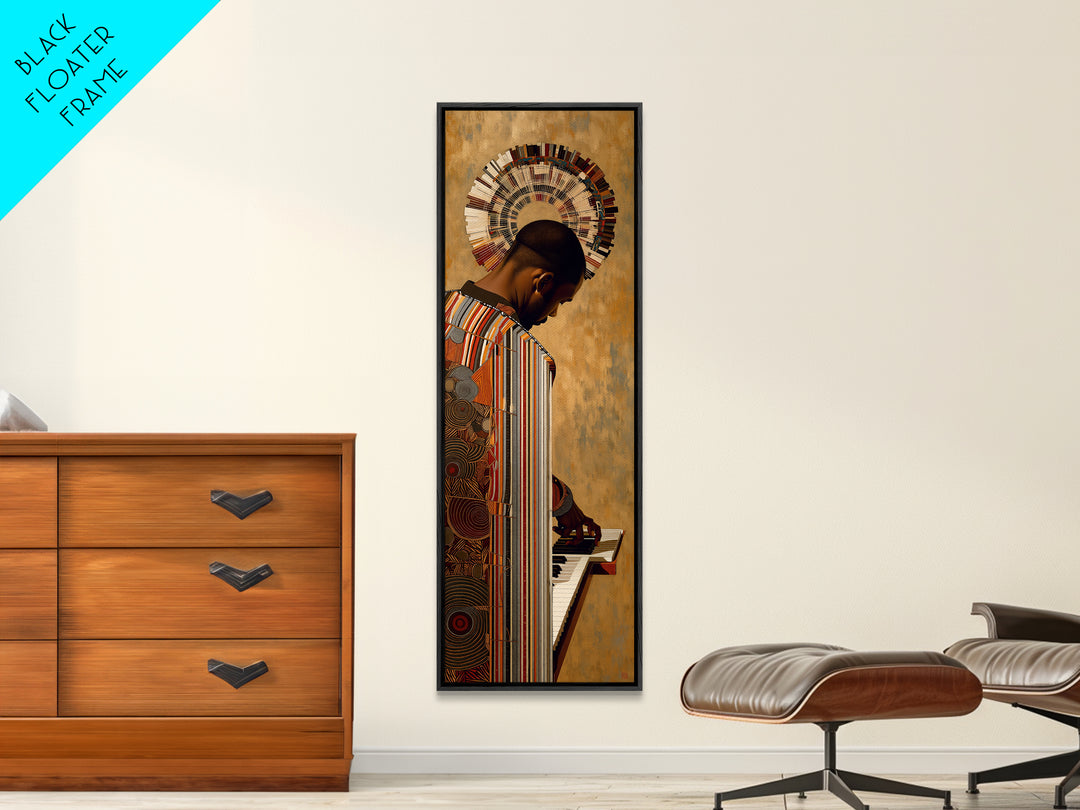 African Pianist With Halo Headdress Wall Art, Afrocentric Portrait, Black Culture Decor, Modern African Art, Music Room Canvas