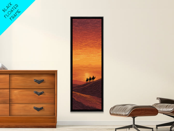 Sunset Camel Caravan Over Desert Dunes Canvas Print, African Landscape, Sahara Travel Wall Decor, Warm Orange Safari Art
