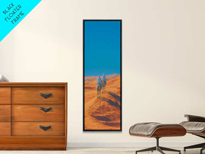 Blue Nomad Riders Crossing Orange Desert Dunes Wall Art, African Safari Decor, Modern Canvas, Boho Living Room Artwork Prints
