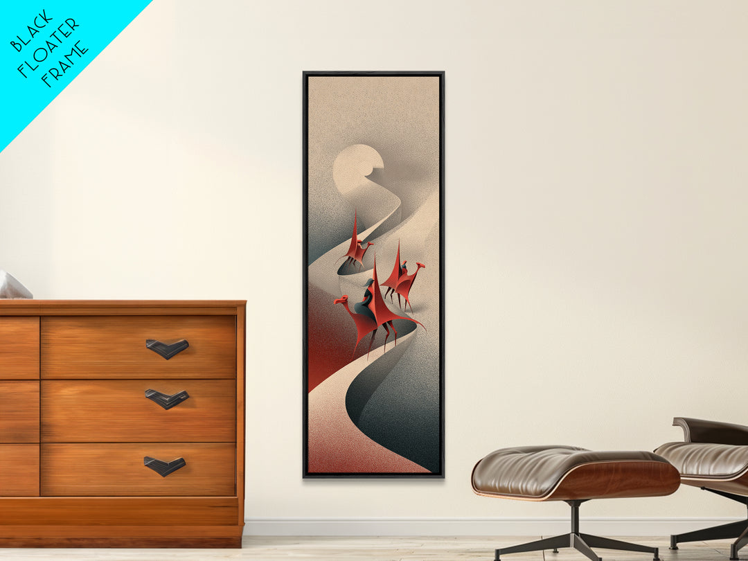 Red Crowned Birds On Winding Moonlit River Canvas Print, Abstract African Art, Elegant Boho Wall Decor, Modern Home Gift