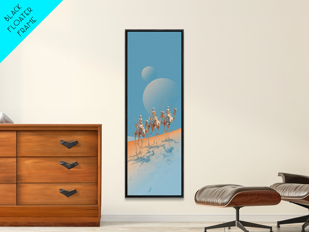 White Camel Riders Beneath Pale Blue Moons Framed Canvas Print, African Safari Art, Dreamy Desert Decor, Unique Wall Artwork