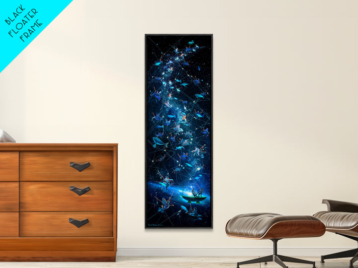 Glowing Fish Constellation Wall Art, Cosmic Ocean Canvas Print, Blue Galaxy Sea Life, Dreamy Nautical Modern Decor, Large Decor Art