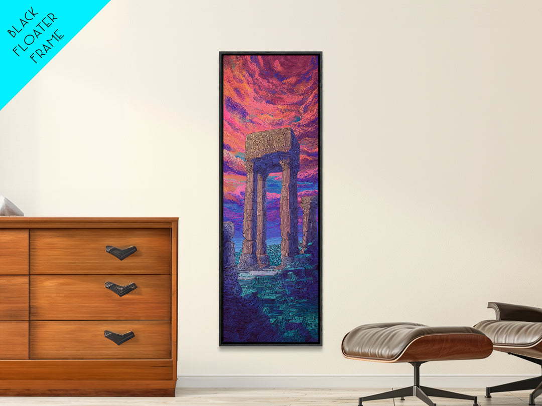 Ancient Stone Portal At Neon Sea Wall Art, Surreal Ruins Landscape, African Inspired Decor, Fantasy Sunset Canvas Print Gift