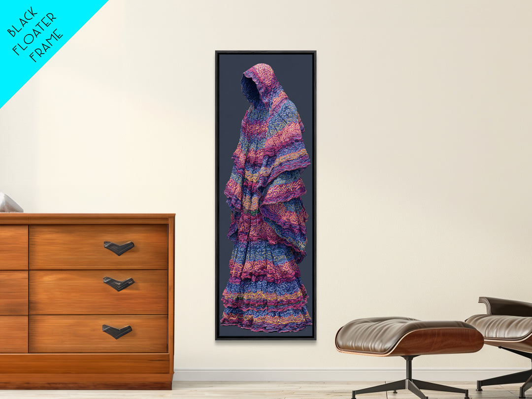 Hooded Indigo Textile Woman Canvas Print, African Woman Art, Pink Blue Patterned Robe, Feminine Boho Wall Decor Gift For Her