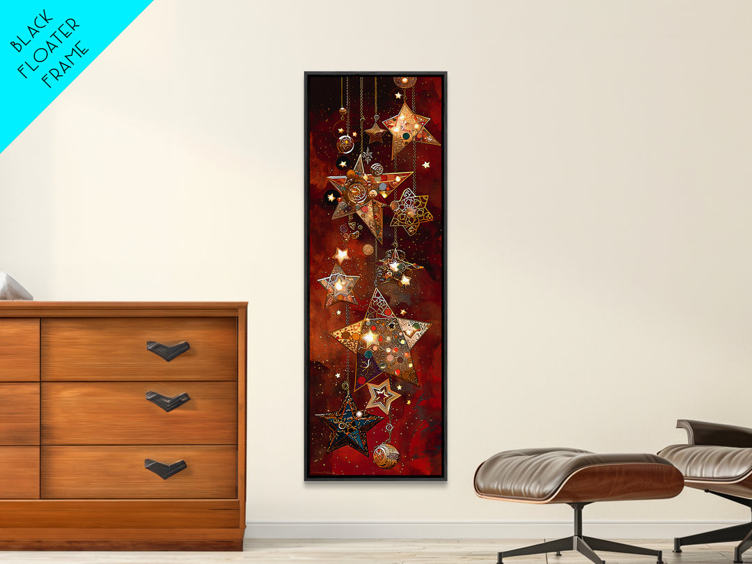 Hanging Mosaic Star Ornaments Framed Canvas Print, Red Celestial Wall Art, Holiday Decor, Bohemian Home Decor Gift For Her