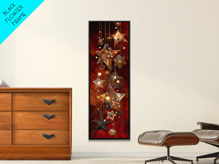 Hanging Mosaic Star Ornaments Framed Canvas Print, Red Celestial Wall Art, Holiday Decor, Bohemian Home Decor Gift For Her