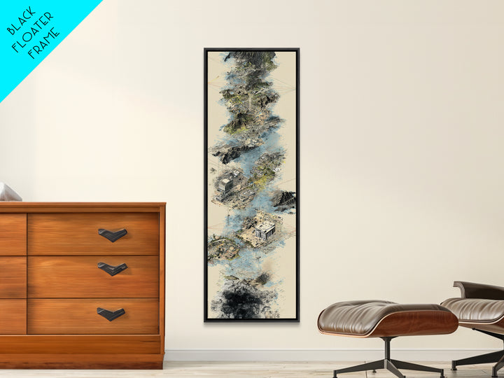 Floating Temple Ruins In Misty Clouds Framed Canvas Print, Ancient African Art Decor, Beige Abstract Landscape Wall Art Gift