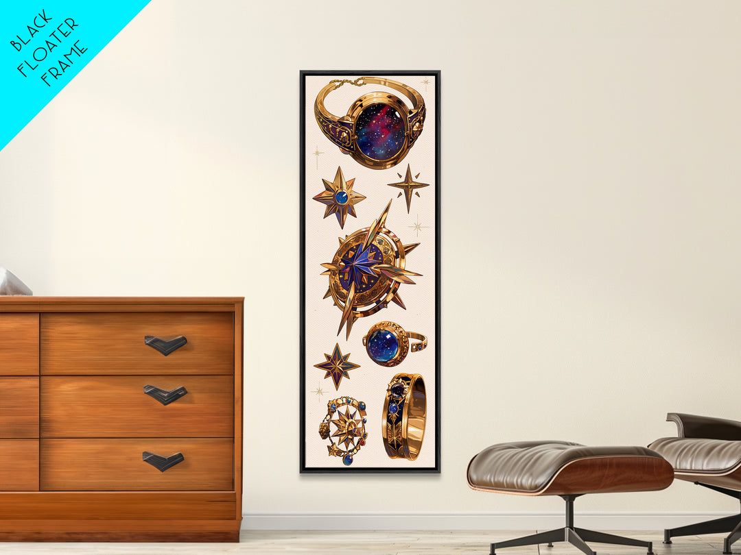 Celestial Compass Jewelry Canvas Print, Gold Star Rings Wall Art, Luxury Fashion Decor, Mystic Galaxy Home Decor Gift For Her