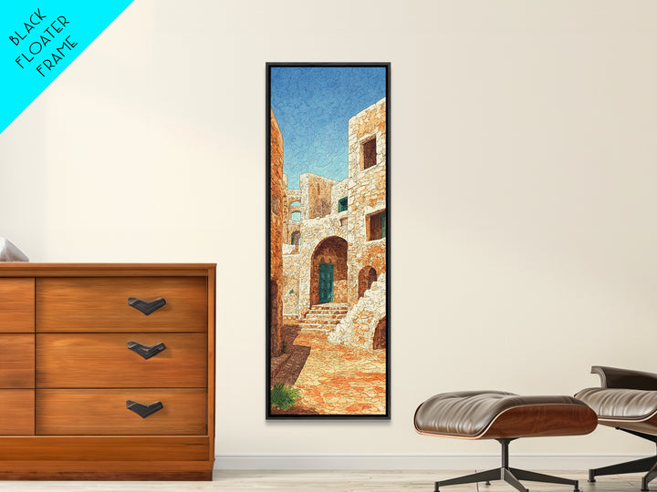Sunlit Stone Medina Alley Canvas Print, Moroccan Blue Door Wall Art, African Travel Decor, Rustic Beige Home Decor Gift Print