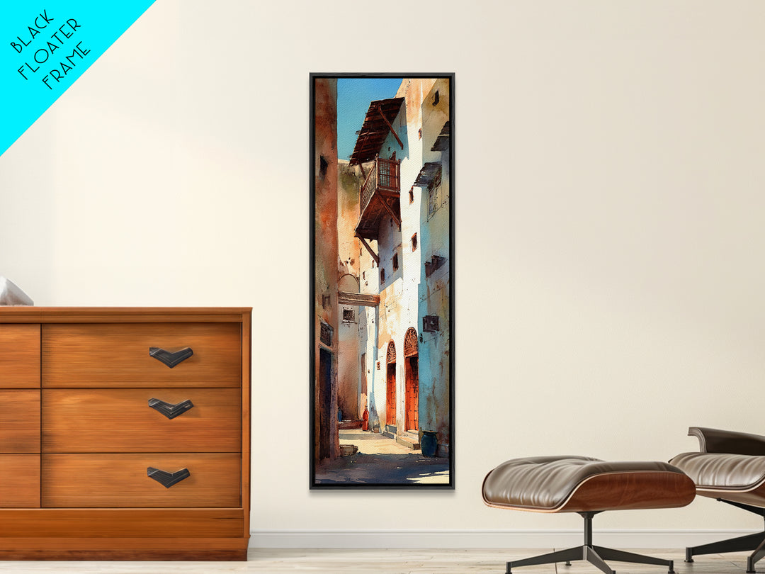Narrow Old Town Alley Framed Canvas Print, Moroccan Street Wall Art, African Inspired Rustic Decor, Mediterranean Home Gift
