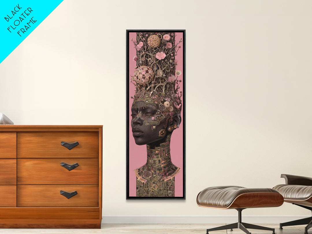 Regal Black Woman With Floral Tech Headdress Framed Canvas Print, African Queen Wall Art, Afrocentric Decor Gift For Her