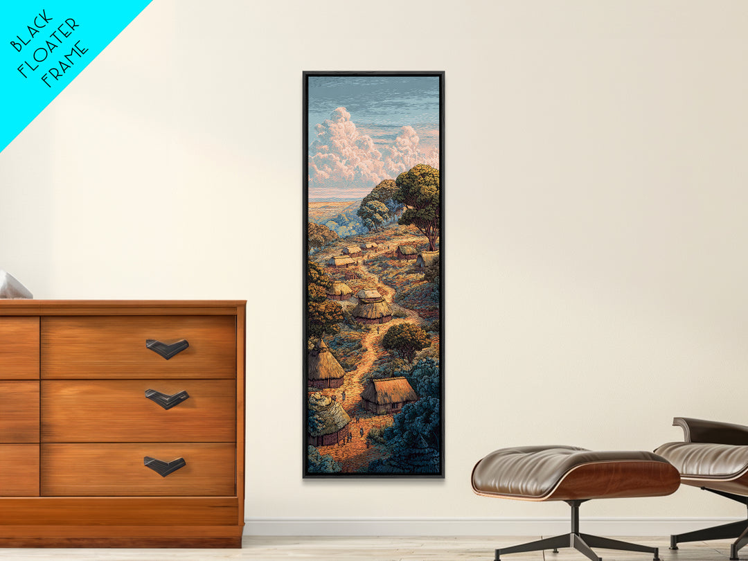 Sunlit Hillside African Village Framed Canvas Print, Boho Landscape Wall Decor, Nature Scene Art, Warm Earth Tone Gift Idea