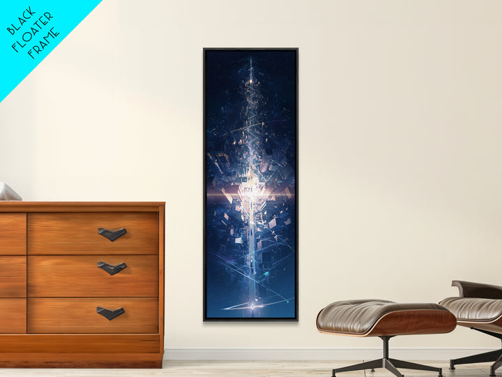 Futuristic Blue Light Tower In Dark Digital City, Canvas Print, Modern Abstract Wall Art, Afrofuturism Office Decor Gift