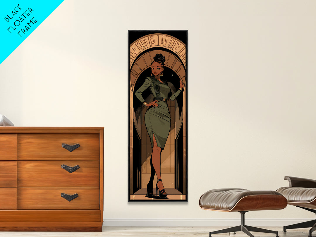 Elegant Black Woman In Green Dress Framed Canvas Print, Afrocentric Wall Art, Fashion Portrait, Black Beauty Home Decor, Gift