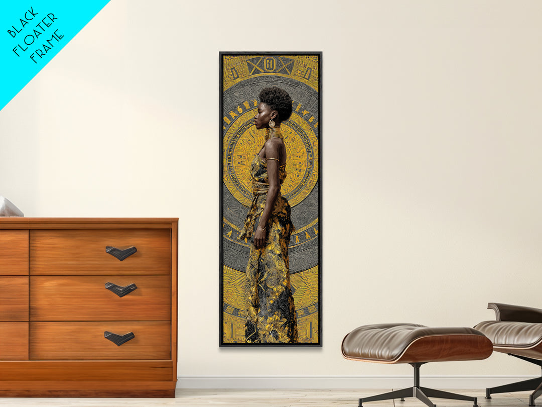 Elegant Black Woman In Gold Dress Canvas Print, African Portrait Wall Art, Afrocentric Fashion Decor, Modern Cultural Gift