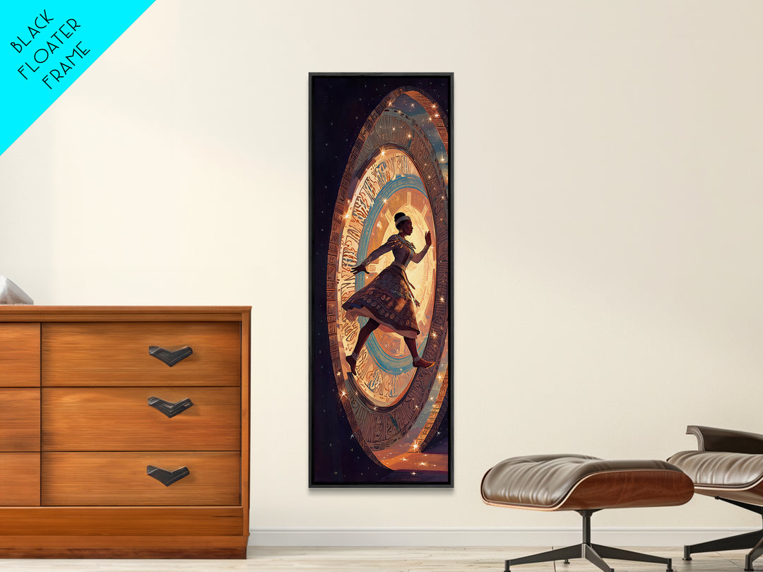 Afro Girl Running Through Cosmic Portal Wall Art, African Inspired Fantasy Scene, Black Girl Magic Decor, Dreamy Canvas Gift