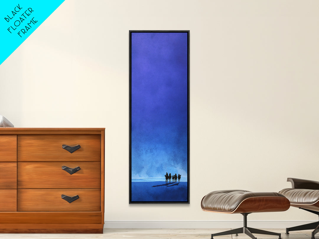 Blue Minimal Camel Riders Canvas Print, African Travel Wall Art, Sahara Desert Decor, Modern Safari Artwork For Peaceful Home