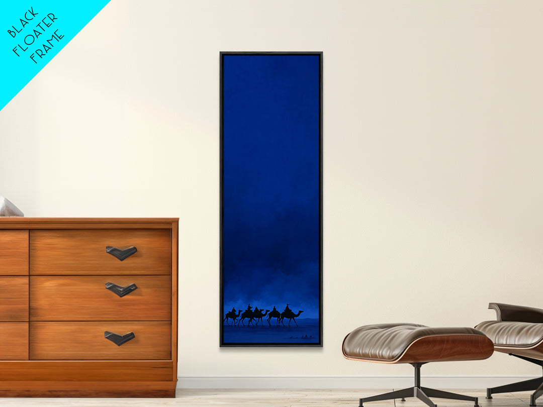 Midnight Blue Camel Caravan Wall Art, African Desert Landscape Print, Minimal Safari Decor, Large Canvas For Modern Home