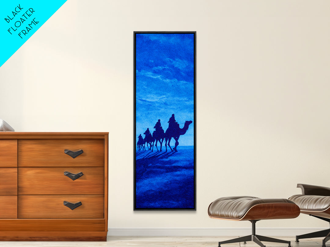 Bright Blue Camel Caravan Canvas Print, African Travel Wall Art, Sahara Desert Decor, Minimal Safari Artwork For Serene Home