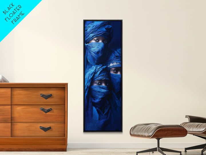 Three Blue Veiled Nomads Framed Canvas Print, African Portrait Art, Tuareg Portrait Wall Art, Indigo Afrocentric Decor Gift