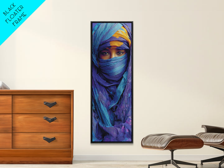 Turquoise Veiled African Woman Wall Art, Blue Purple Portrait Canvas Print, Desert Nomad Decor, Black Beauty Art Gift For Her