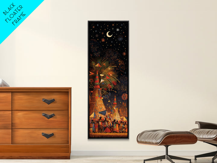 Starry African Village Night Wall Art, Crescent Moon Festival Scene, Afrocentric Decor, Mystical Cultural Canvas Print Gift