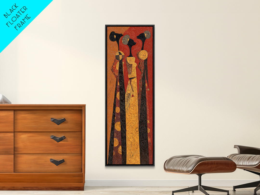 Stylized African Women In Tall Robes Framed Canvas Print, Tribal Queen Wall Art, Ankara Pattern Afrocentric Home Decor Gift