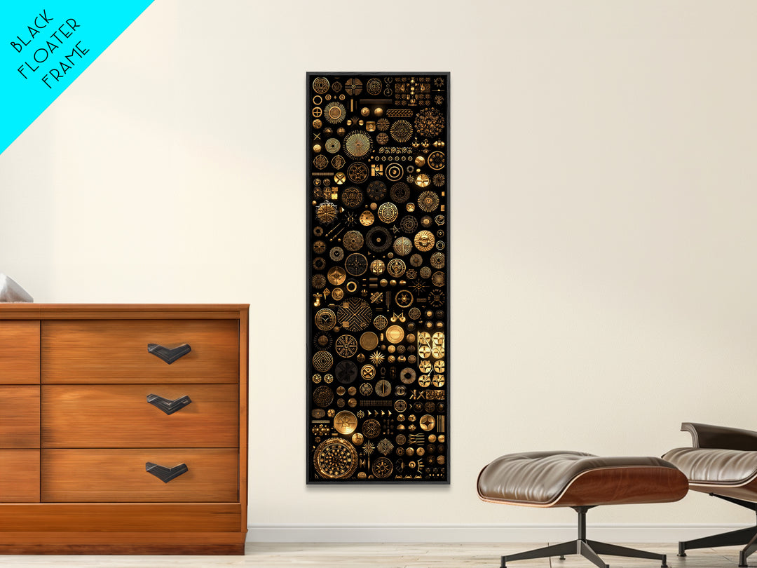 Gold African Symbol Collage On Black Wall Art, Geometric Tribal Decor, Afrocentric Patterns, Modern Canvas Print Unique Gift