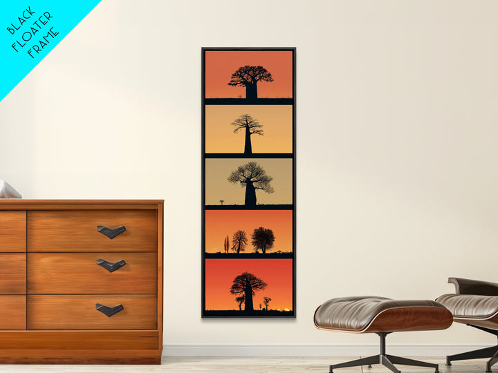 Minimal Baobab Horizon Panels, African Wall Art, Sunset Tree Silhouette, Modern Safari Decor, Vertical Framed Canvas Print