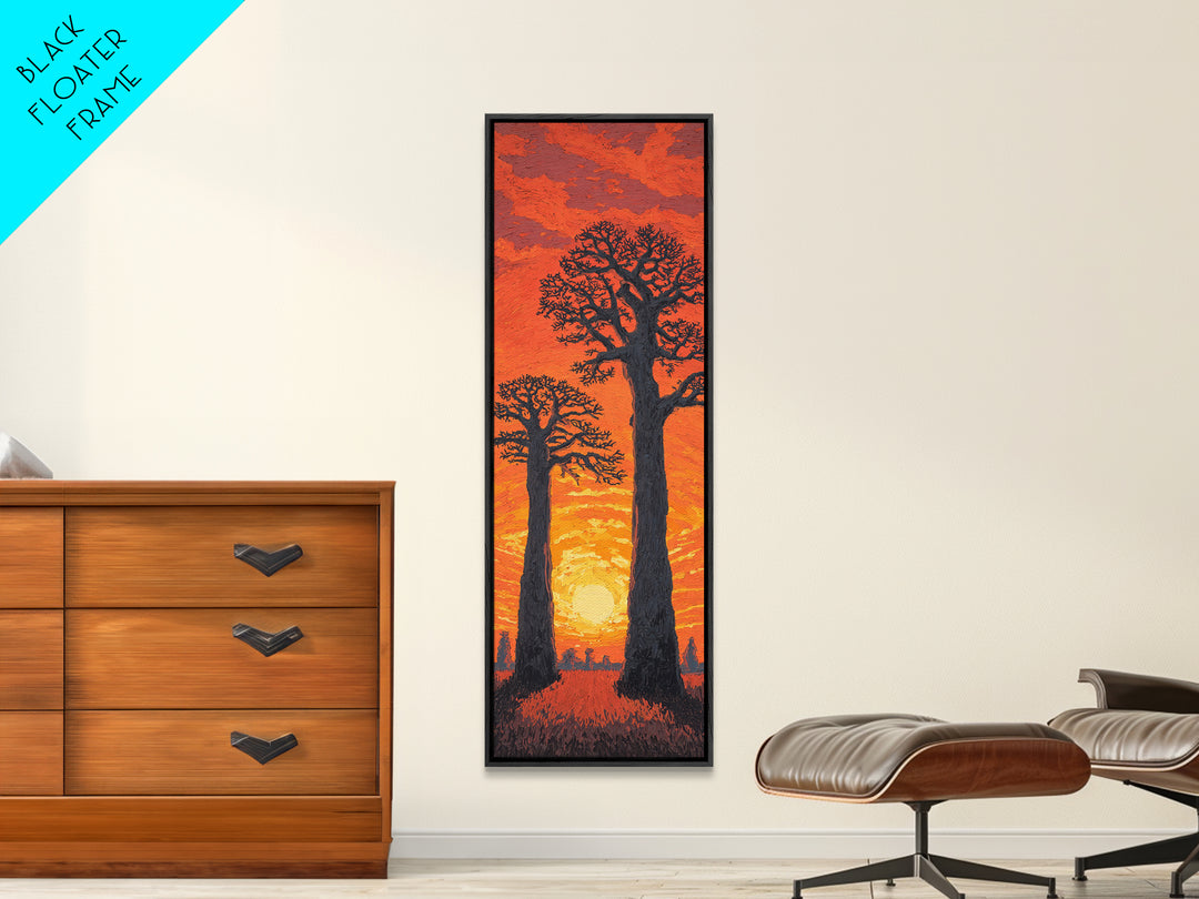 Twin Baobab Trees At Fiery Sunset, African Wall Art, Safari Landscape, Orange Motherland Decor, Framed Canvas Print Gift