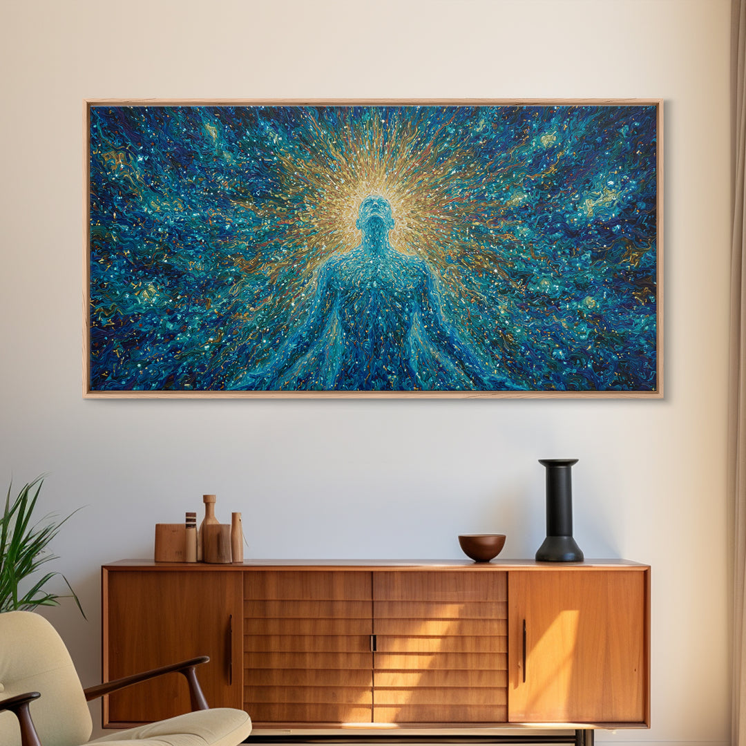 Glowing Spirit Figure In Cosmic Blue Framed Canvas Print, Spiritual Wall Art, Afrocentric Decor, Mystical Abstract Art, Meditation Decor