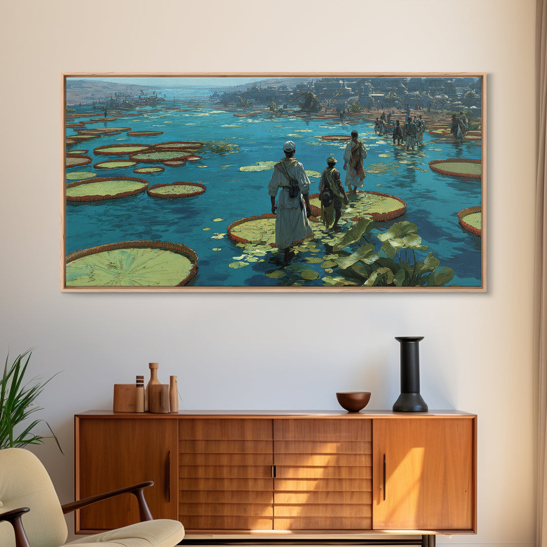 Figures Crossing Giant Lily Pads Canvas Print, African Landscape Wall Decor, Surreal Nature Scene Art, Blue Wetland Home Decor