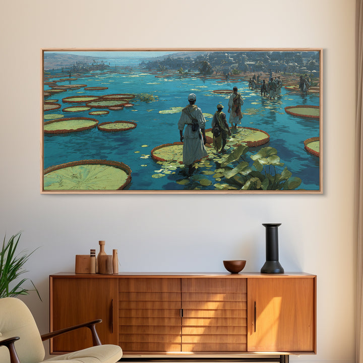 Figures Crossing Giant Lily Pads Canvas Print, African Landscape Wall Decor, Surreal Nature Scene Art, Blue Wetland Home Decor