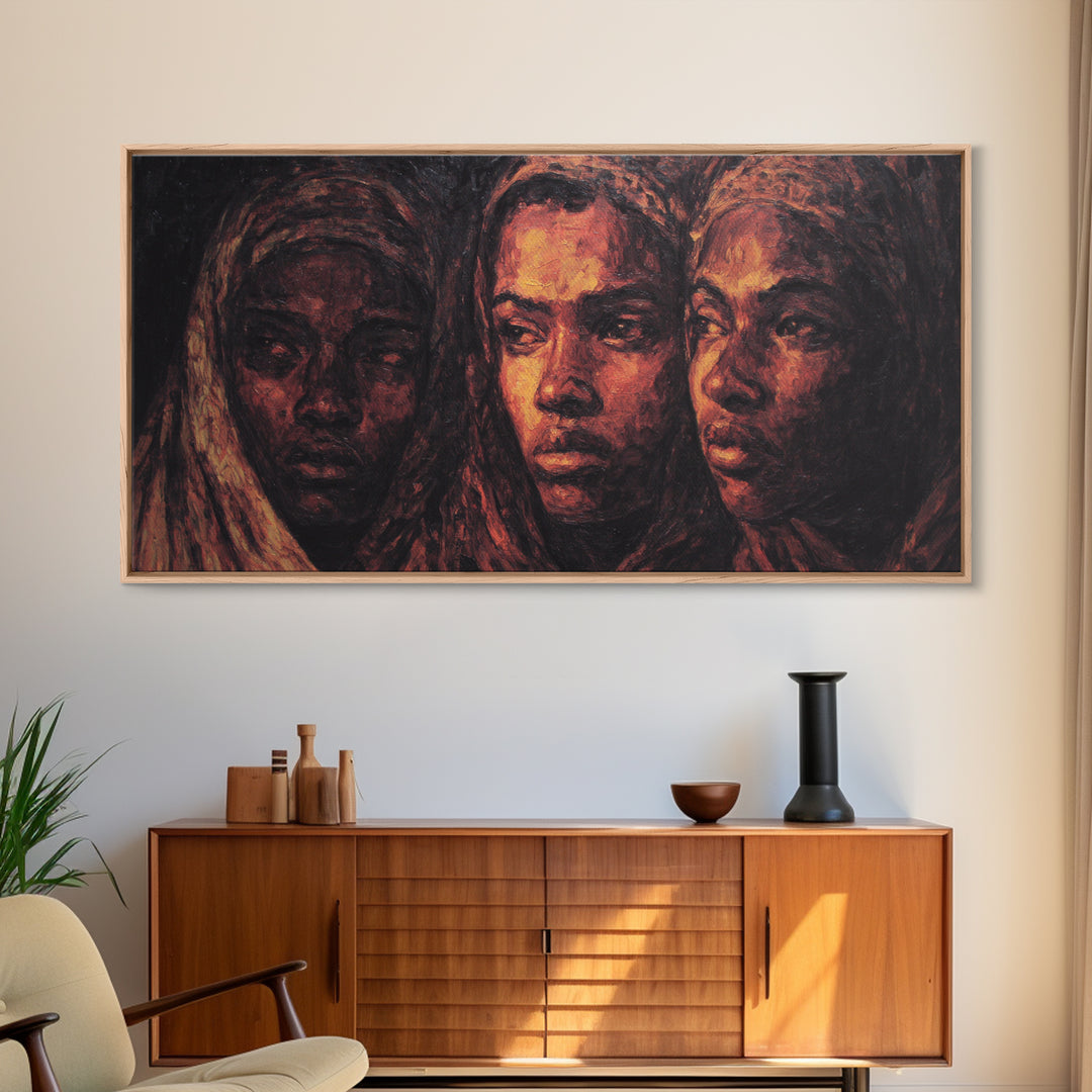 Three African Women Portrait Wall Art, Black Female Art, Afrocentric Decor, Burnt Orange Canvas, Elegant Cultural Home Decor Gift