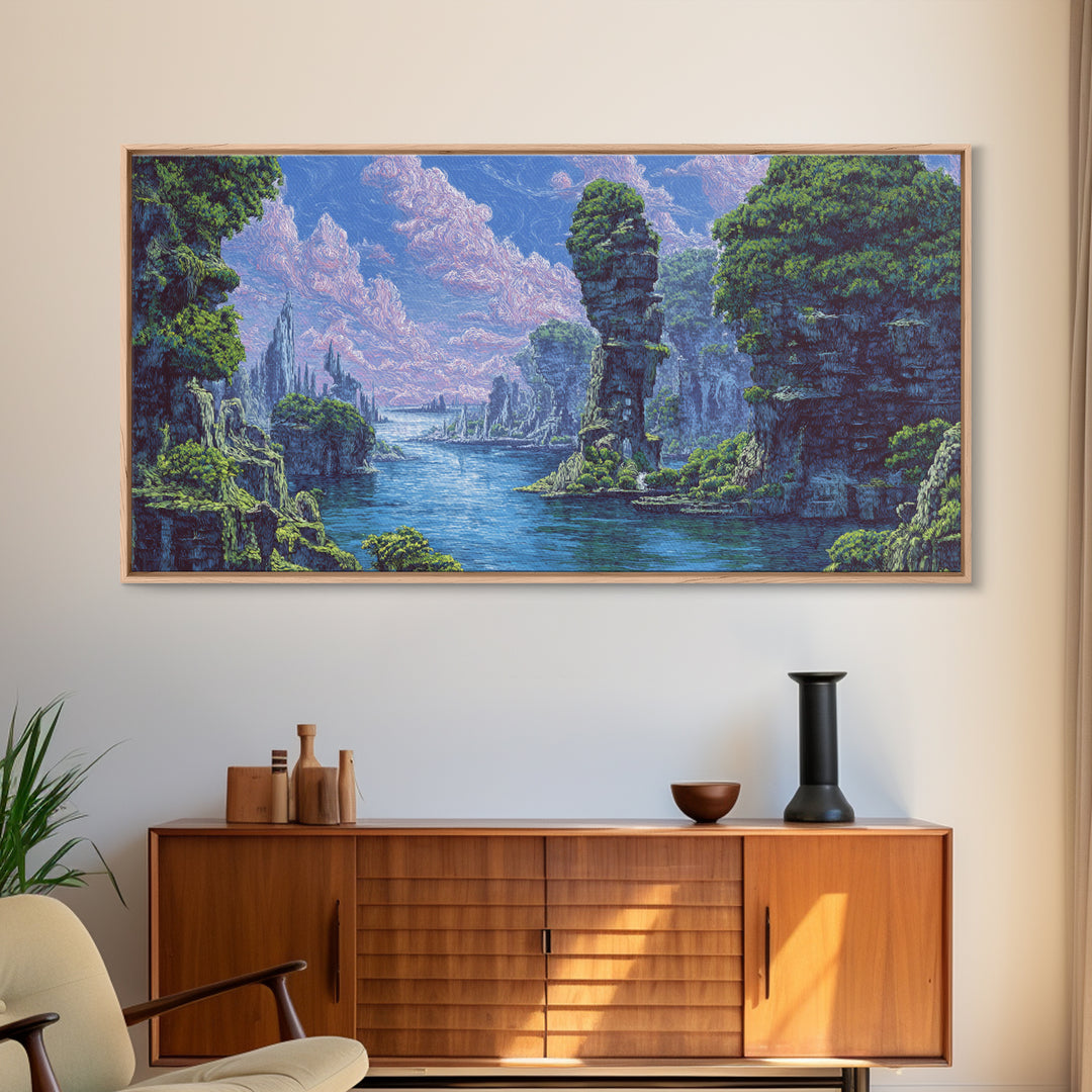 Serene Blue River Cliffs Framed Canvas Print, African Landscape, Nature Scene Art, Dreamy Wall Art For Elegant Home Decor