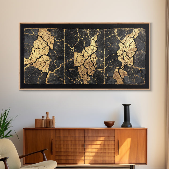 Black And Gold Cracked Triptych Abstract Wall Art, African Inspired Luxury Canvas Decor, Modern Textured Statement Print
