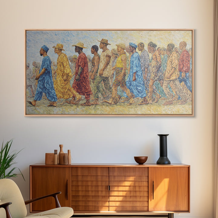 African Procession In Sunlit Robes Canvas Print, Cultural Wall Decor, Panoramic Black Art For Living Room And Office Gallery