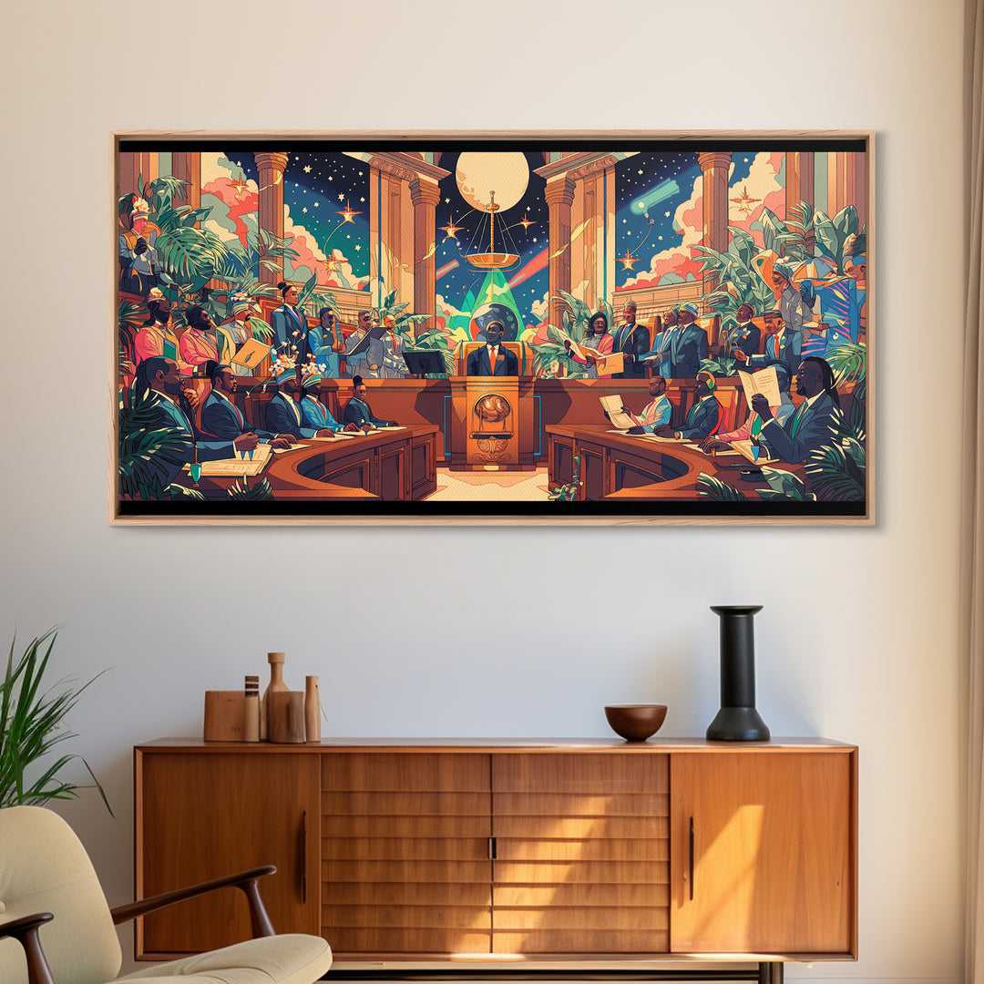 Afrofuturist Galactic Council Chamber Wall Art, African American Art Print, Colorful Sci Fi Courtroom Decor Poster Gift