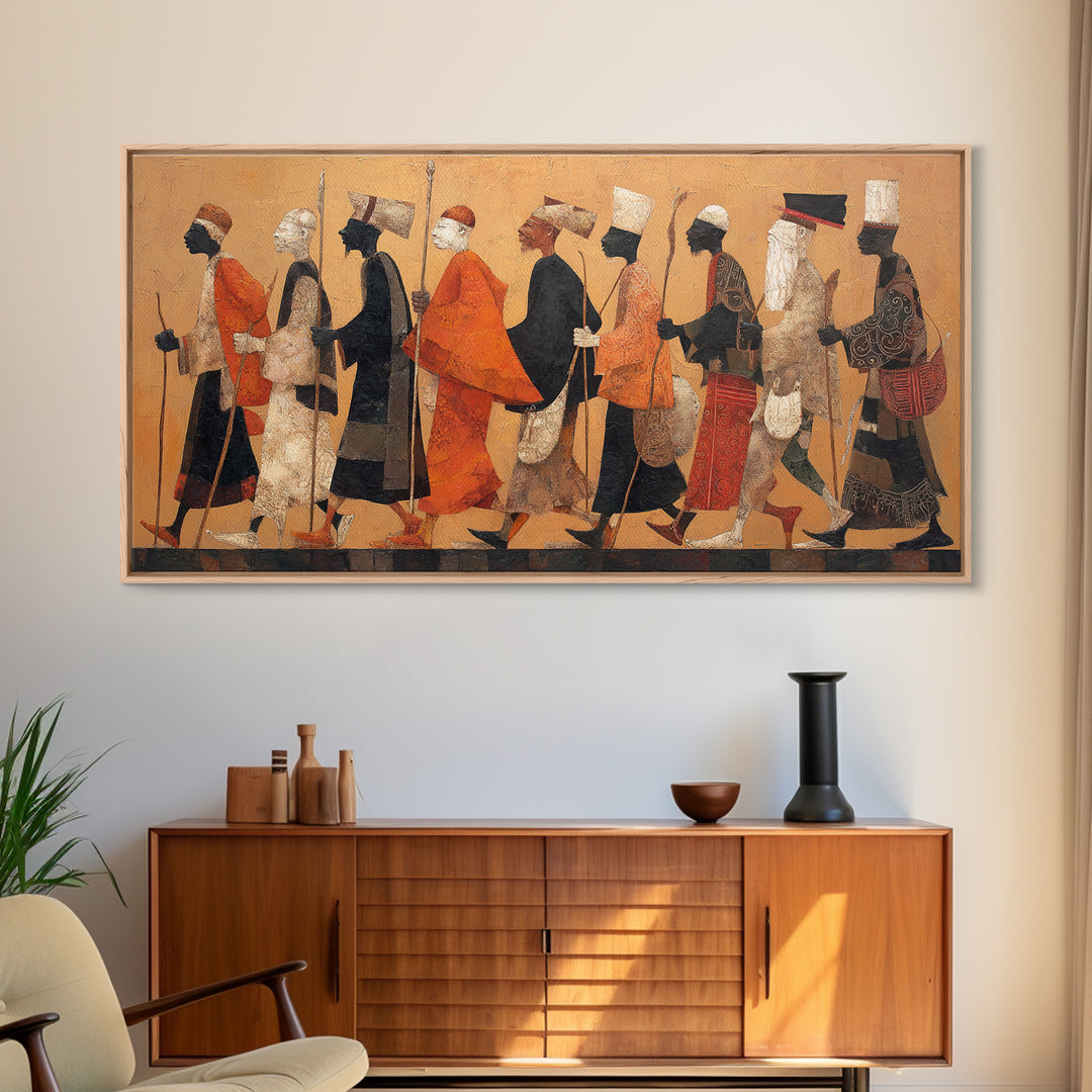 Traditional African Warriors Procession Wall Art, Tribal Culture Art Print, Earth Tone Safari Decor For Home Office Gallery
