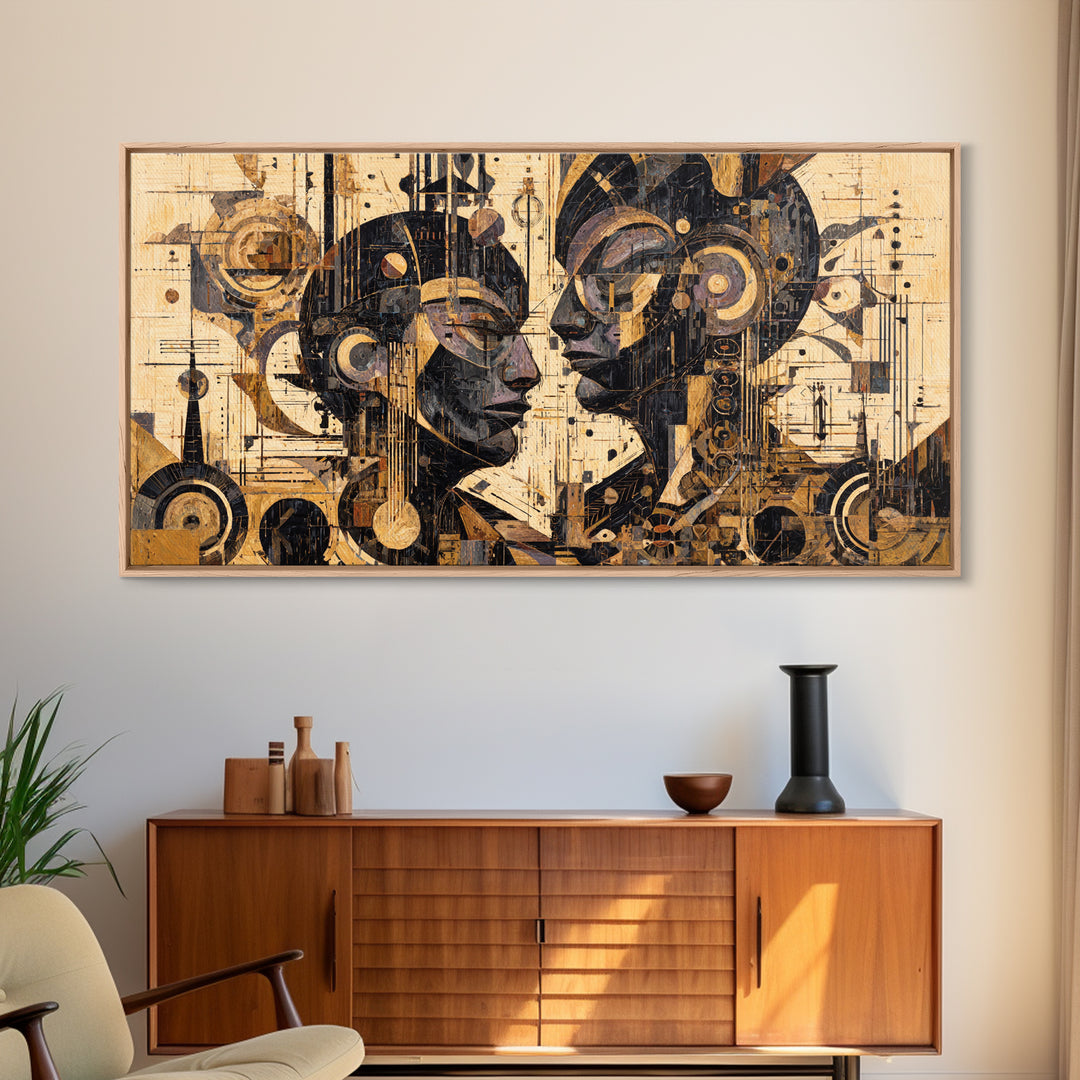 Geometric African Couple Profiles Framed Canvas Print, Abstract Afrocentric Wall Art, Gold Black Modern Cubism Decor Gift