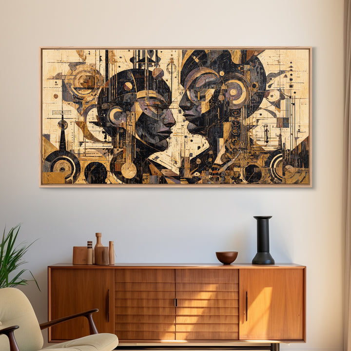 Geometric African Couple Profiles Framed Canvas Print, Abstract Afrocentric Wall Art, Gold Black Modern Cubism Decor Gift