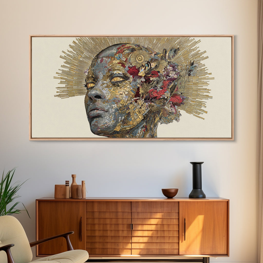 Black Woman Golden Halo Portrait Canvas Print, Mosaic Floral African Beauty Wall Art, Elegant Feminine Home Decor Gift Print